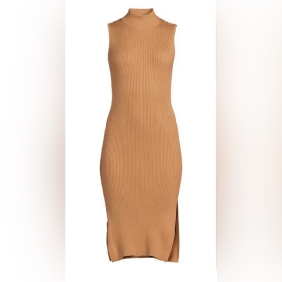 Magaschoni Caramel Mock Neck Ribbed Bodycon Dress - Picture 4 of 11